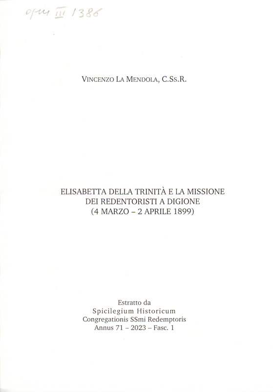 Copertina  Elisabetta della Trinità e la missione dei Redentoristi a Digione (4 marzo - 2 aprile 1899)