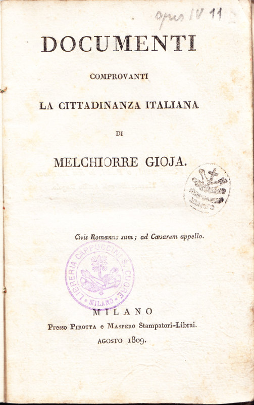 Copertina  Documenti comprovanti la cittadinanza italiana di Melchiorre Gioja