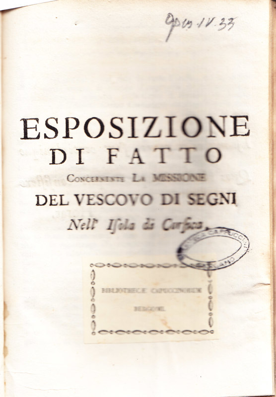 Copertina  Esposizione di fatto concernente la missione del vescovo di Segni nell'isola di Corsica