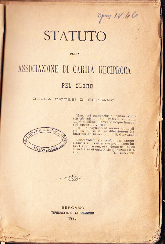 Copertina  Statuto della Associazione di carità reciproca pel Clero della Diocesi di Bergamo