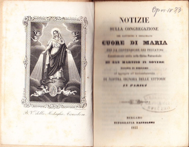 Copertina  Notizie sulla Congregazione del santissimo e immacolato Cuore di Maria per la conversione dei peccatori, canonicamente eretta nella chiesa parrocchiale di San Martino in Sovere, Diocesi di Bergamo, ed aggregata all'Arciconfraternita di Nostra Signora delle vittorie in Parigi