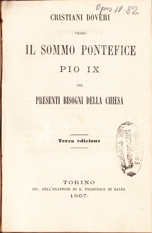 Copertina  Cristiani doveri verso il Sommo Pontefice Pio IX nei presenti bisogni della Chiesa
