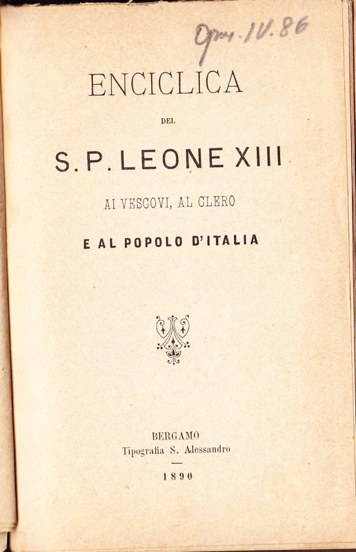 Copertina  Enciclica del S. P. Leone XIII ai Vescovi, al Clero e al popolo d'Italia [Roma, 15/10/1890]