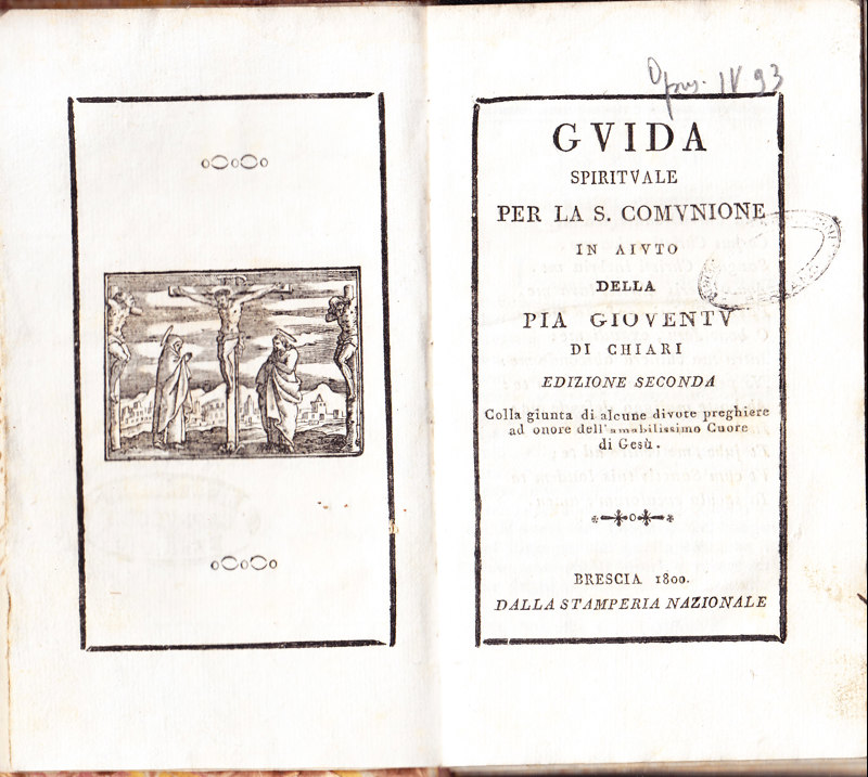 Copertina  Guida spirituale per la S. Comunione in aiuto della pia gioventù di Chiari. Colla giunta di alcune divote preghiere ad onore dell'amabilissimo Cuore di Gesù
