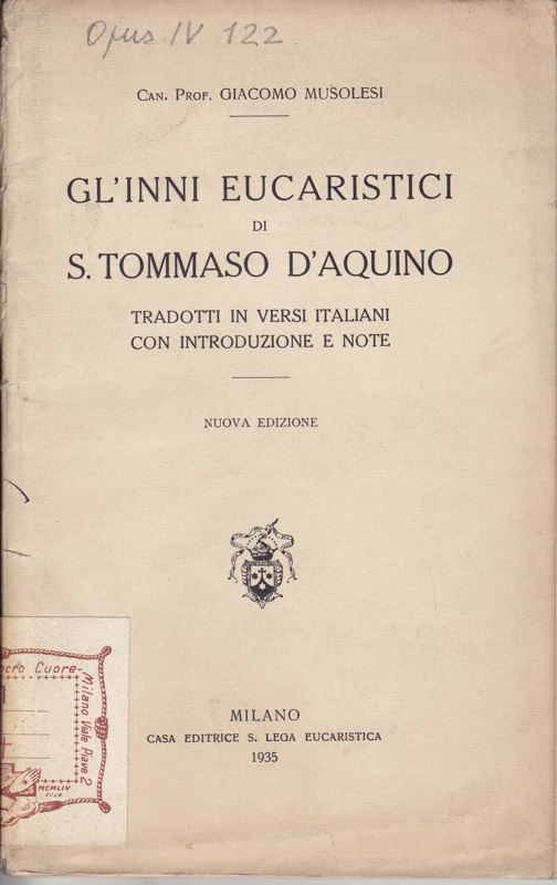 Copertina  Gl'*inni eucaristici di S. Tommaso d'Aquino