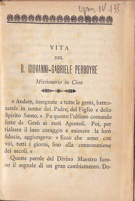 Copertina  Vita del B. Giovanni-Gabriele Perboyre Missionario in Cina
