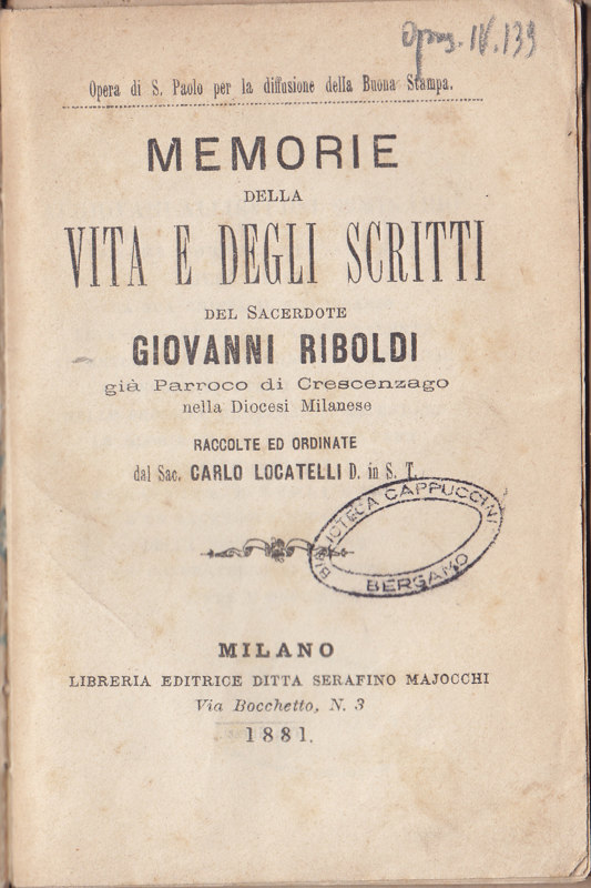 Copertina  Memorie della vita e degli scritti  del sacerdote Giovanni Riboldi già Parroco di Crescenzago nella Diocesi Milanese