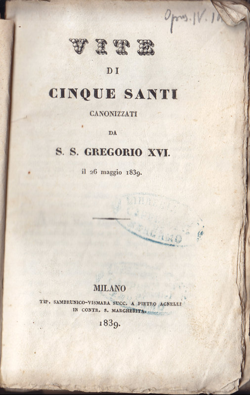 Copertina  Vite di cinque Santi canonizzati da S. S. Gregorio XVI il 26 maggio 1839