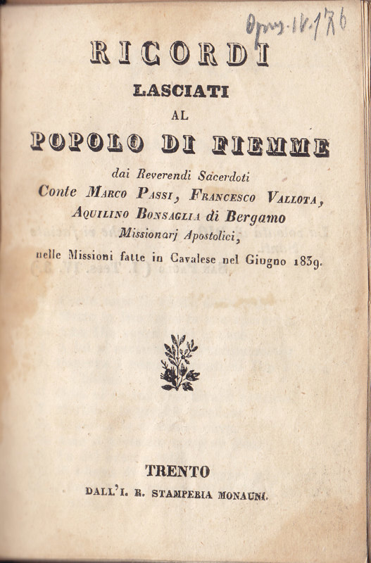 Copertina  Ricordi lasciati al popolo di Fiemme