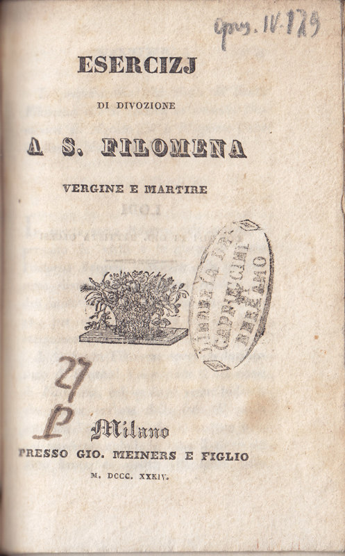 Copertina  Esercizi di divozione a S. Filomena Vergine e Martire