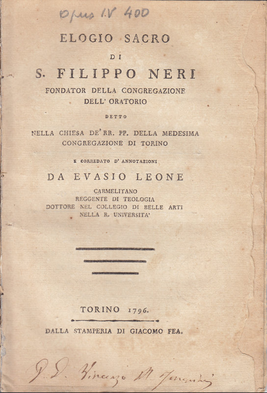 Copertina  Elogio sacro di S. Filippo Neri fondator della Congregazione dell'Oratorio detto nella chiesa de' RR. PP. della medesima Congregazione di Torino  e corredato d'annotazioni