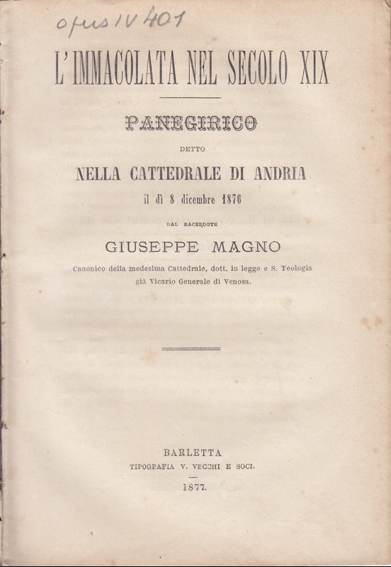 Copertina  L'Immacolata nel secolo XIX. Panegirico detto nella Cattedrale di Andria il dì 8 dicembre 1876