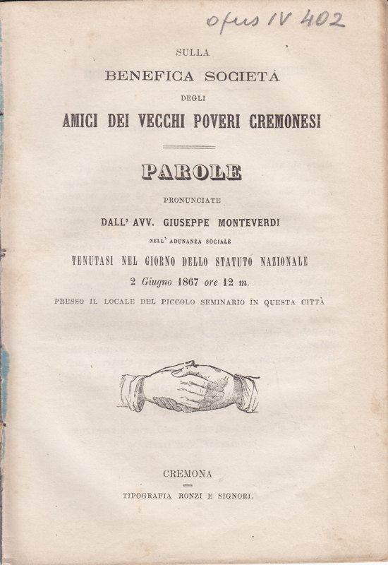 Copertina  Sulla benefica Società degli Amici dei Vecchi Poveri Cremonesi