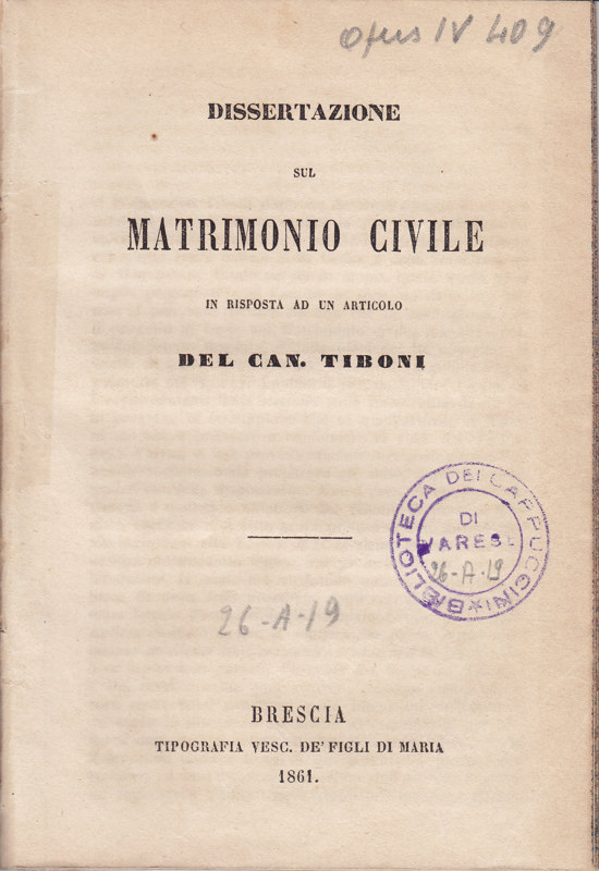 Copertina  Dissertazione sul matrimonio civile in risposta ad un articolo del can. Tiboni
