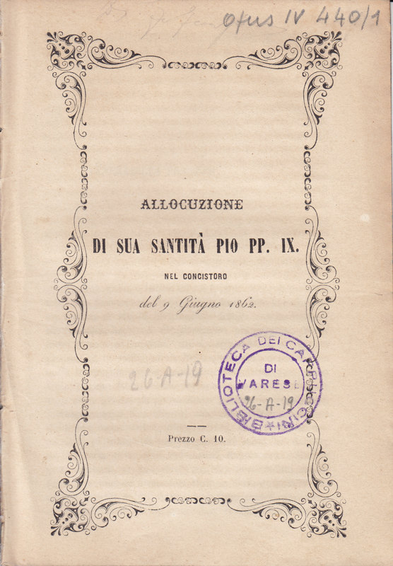 Copertina  Allocuzione di Sua Santità Pio PP. IX. nel concistoro del 9 Giugno 1862