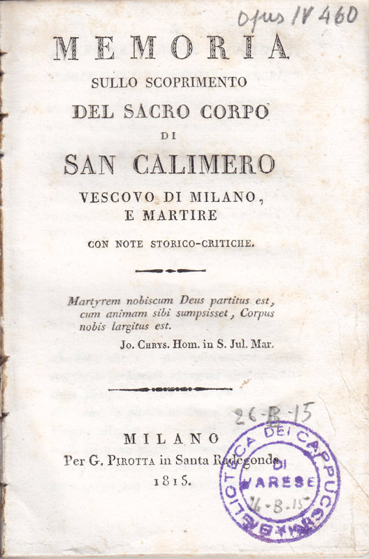 Copertina  Memoria sullo scoprimento del sacro corpo di San Calimero Vescovo di Milano, e Martire con note storico-critiche
