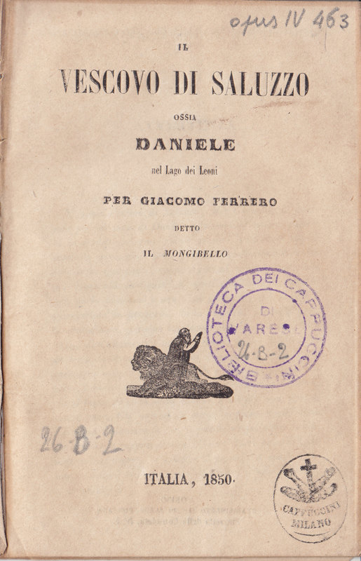 Copertina  Il vescovo di Saluzzo ossia Daniele nel lago dei leoni