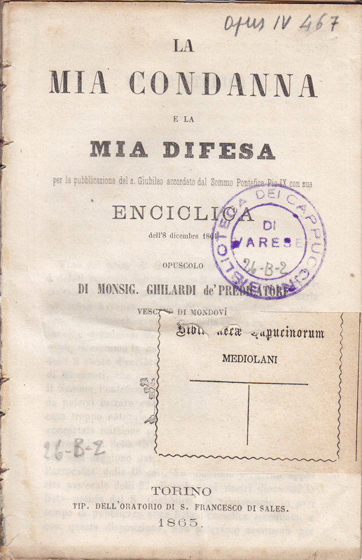 Copertina  La mia condanna e la mia difesa per la pubblicazione del S. Giubileo accordato dal Sommo Pontefice Pio IX. con la sua enciclica dell'8 dicembre 1864 : opuscolo
