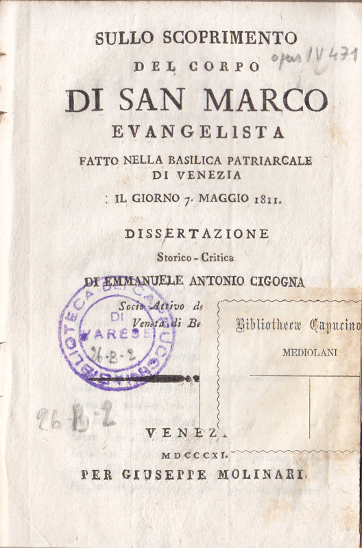 Copertina  Sullo scoprimento del corpo di san Marco evangelista fatto nella basilica patriarcale di Venezia il giorno 7 maggio 1811. Dissertazione storico-critica