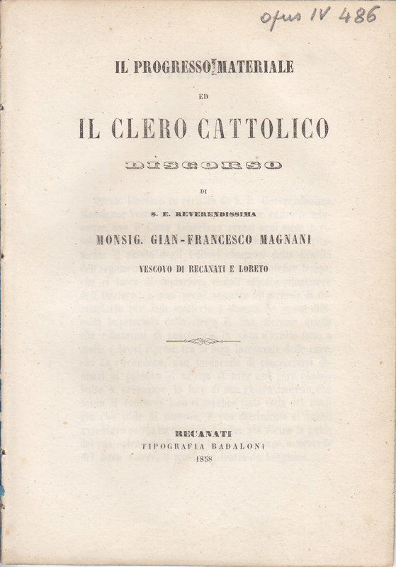 Copertina  Il progresso materiale ed il clero cattolico : discorso [27 gennajo 1858]
