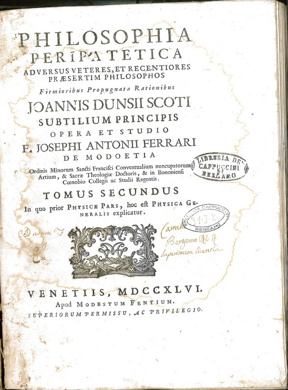 Copertina  Philosophia peripatetica adversus veteres, et recentiores præsertim philosophos Firmioribus Propugnata Rationibus Joannis Dunsii Scoti subtilium principis. Tomus primus: Philosophiæ Prolegomena, Logicam, Metaphisicam, & Ethicam complectens ; Tomus secundus: In quo prior Physicæ  Pars, hoc est Physica Generalis explicatur ; Tomus tertius: Secundam, & tertiam Physicæ partem exponens. Accessit Index rerum præcipuarum