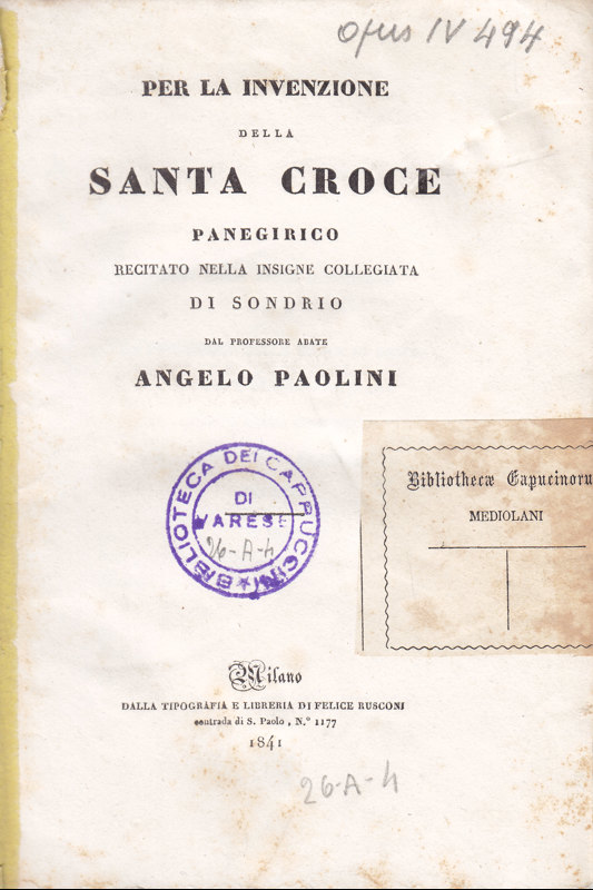 Copertina  Per la invenzione della Santa Croce. Panegirico recitato nella insigne collegiata di Sondrio