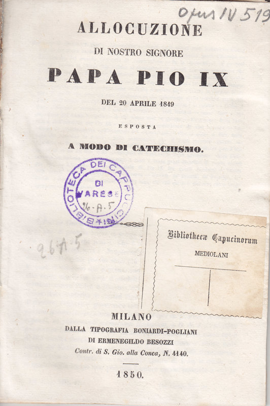 Copertina  Allocuzione di Nostro Signore Papa Pio IX del 20 Aprile 1849 esposta a modo di catechismo