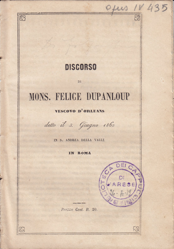 Copertina  Discorso di Mons. Felice Dupanloup Vescovo d'Orleans detto il 3 Giugno 1862 in S. Andrea della Valle in Roma.