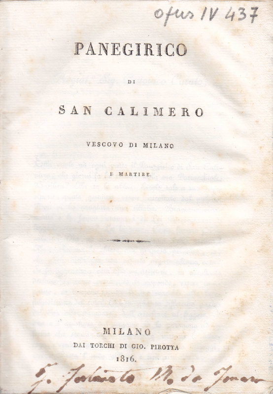 Copertina  Panegirico di san Calimero vescovo di Milano e martire