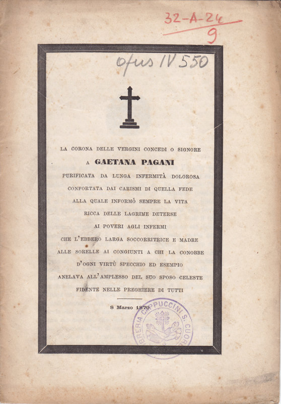 Copertina  [Memoria funebre per Gaetana Pagani]