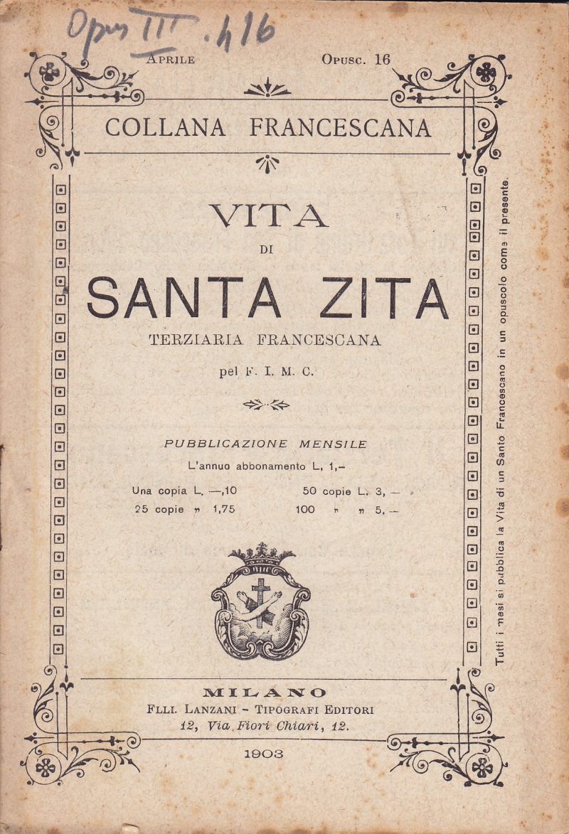 Copertina  Vita di santa Zita terziaria francescana